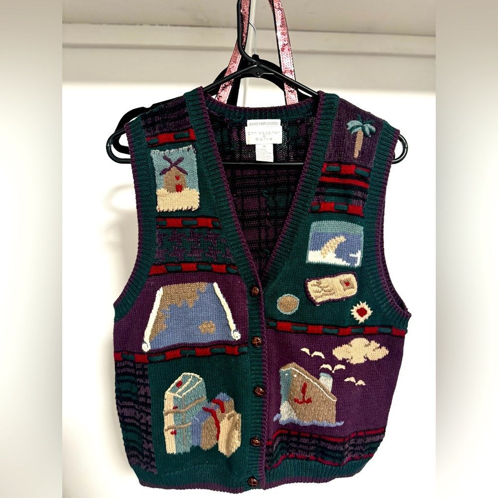 Christopher Bank Vintage Winter Sweater Vest, Size Medium, Hand Embroidered